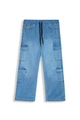 Girls 8-Pocket Light Blue Wide Leg Jeans – 100% Cotton Stretch Denim