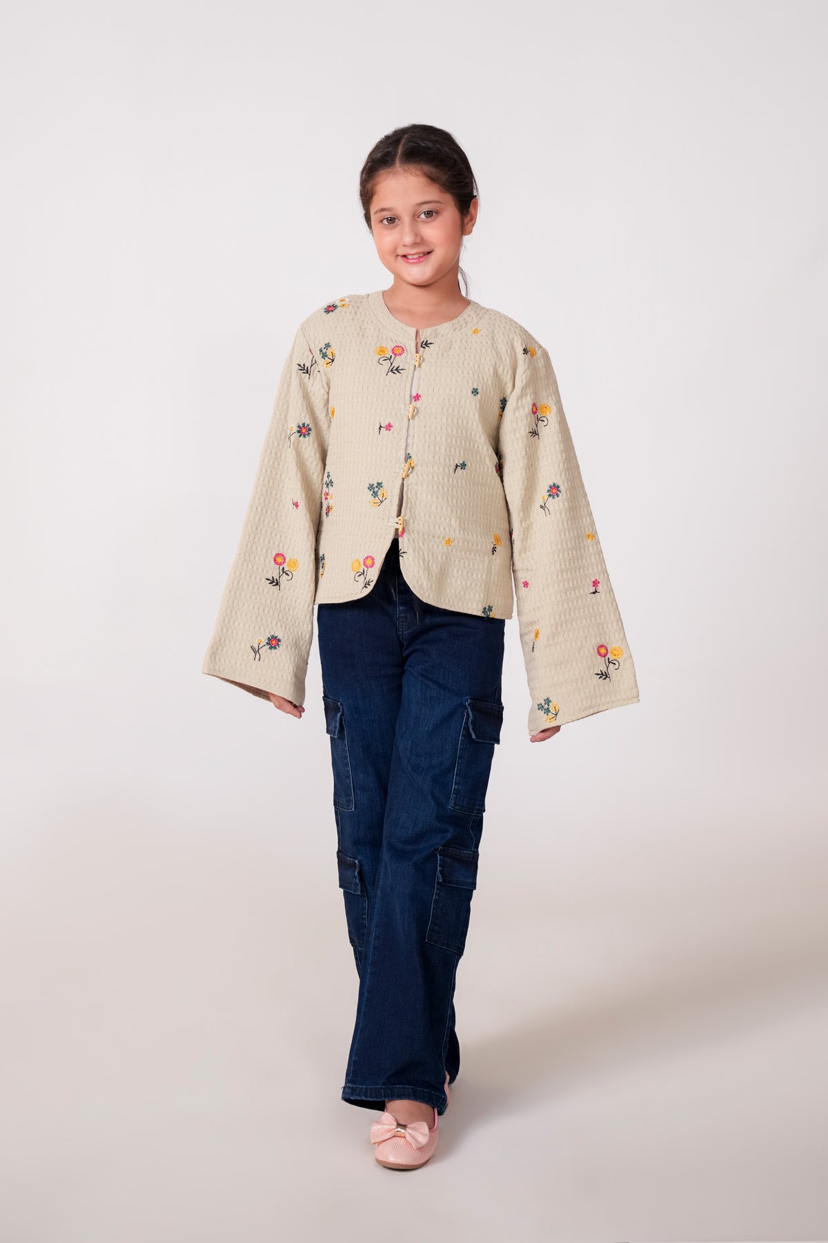 Light Grey Jacquard Embroidered Jacket for Girls | Winter Quilted Top