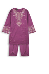 Girls Purple Cambric Cotton Winter Suit with Gold Tilla Embroidery & Tulip Trouser