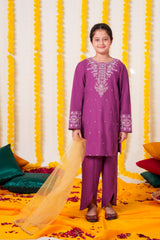 Girls Purple Cambric Cotton Winter Suit with Gold Tilla Embroidery & Tulip Trouser