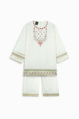 Girls Embroidered Cotton Suit with Net Dupatta – 3 Piece Set