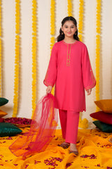Shocking Pink Cotton 3 Pcs Suit Multihead Embroidery with Net Dopata
