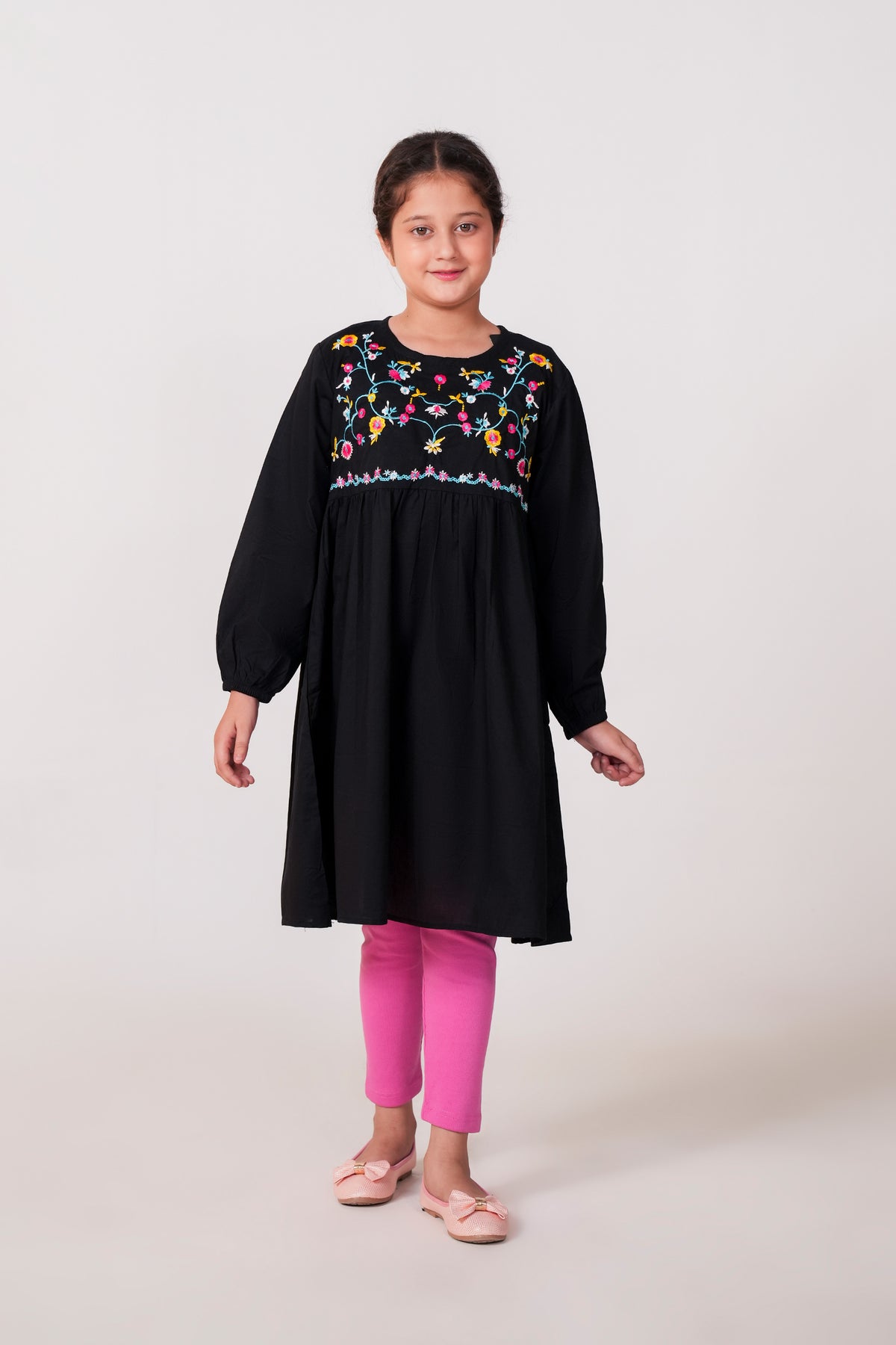 Girls Embroidered 100% Cotton Top - Black