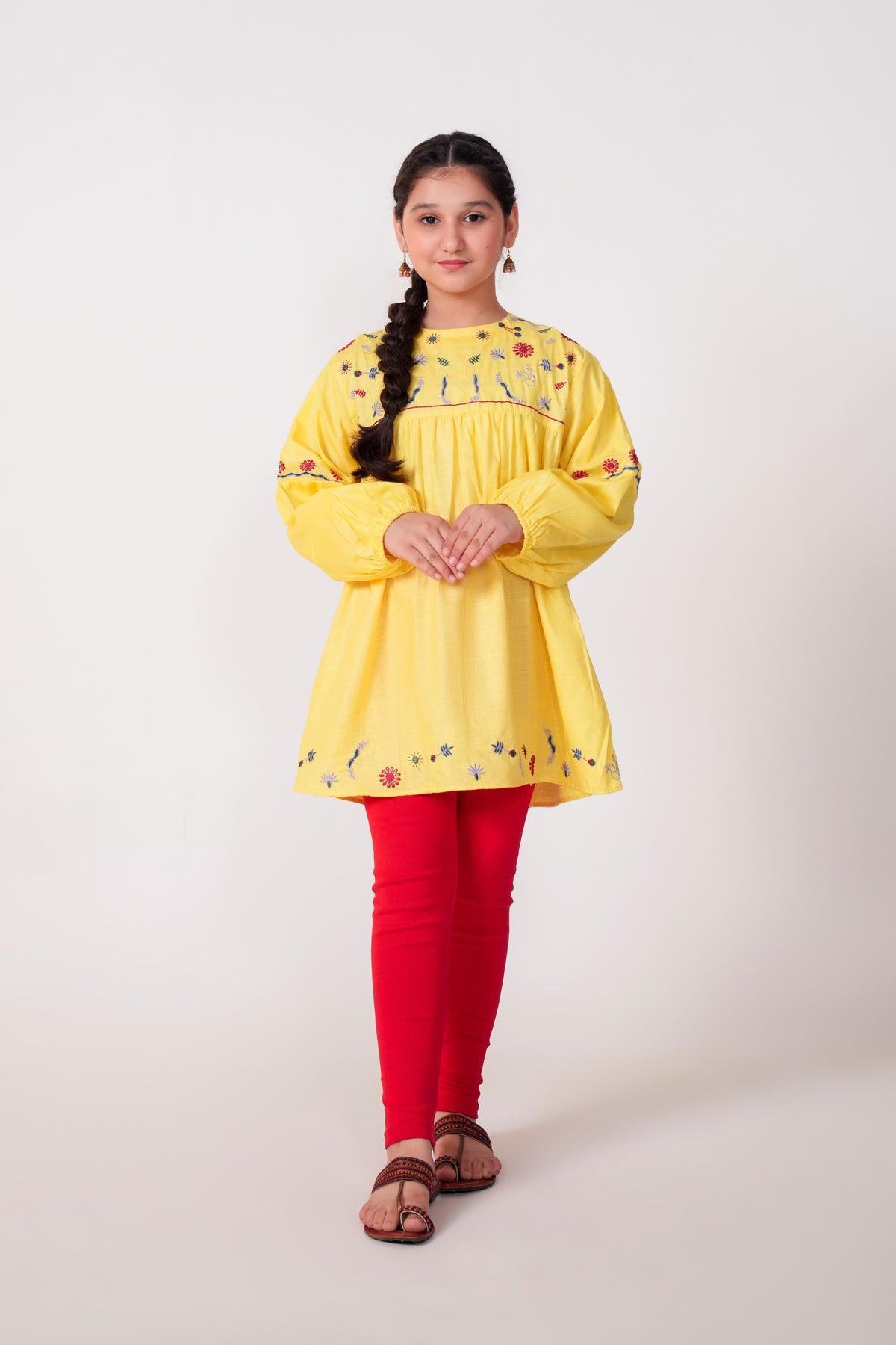 Yellow Embroidered Khaddar Top for Girls | Winter Floral Tunic