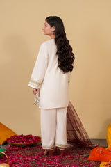 Girls Embroidered Cotton Suit with Net Dupatta – 3 Piece Set