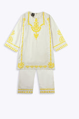 Girls Eastern Cotton Suit – Off-White with Yellow Embroidery