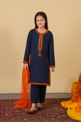 Chambaili 3-Piece Suit – Navy Blue with Orange Embroidery | 100% Cotton