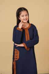Chambaili 3-Piece Suit – Navy Blue with Orange Embroidery | 100% Cotton