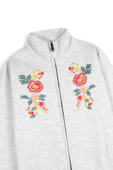 Light Grey Embroidered Zip-Up Sweatshirt | Girls Winter Fleece Jacket
