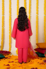 Shocking Pink Cotton 3 Pcs Suit Multihead Embroidery with Net Dopata