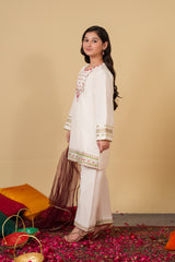 Girls Embroidered Cotton Suit with Net Dupatta – 3 Piece Set