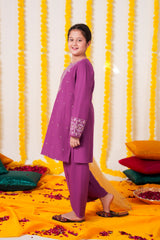 Girls Purple Cambric Cotton Winter Suit with Gold Tilla Embroidery & Tulip Trouser