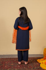 Chambaili 3-Piece Suit – Navy Blue with Orange Embroidery | 100% Cotton