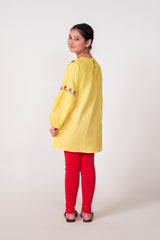Yellow Embroidered Khaddar Top for Girls | Winter Floral Tunic