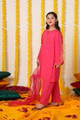 Shocking Pink Cotton 3 Pcs Suit Multihead Embroidery with Net Dopata