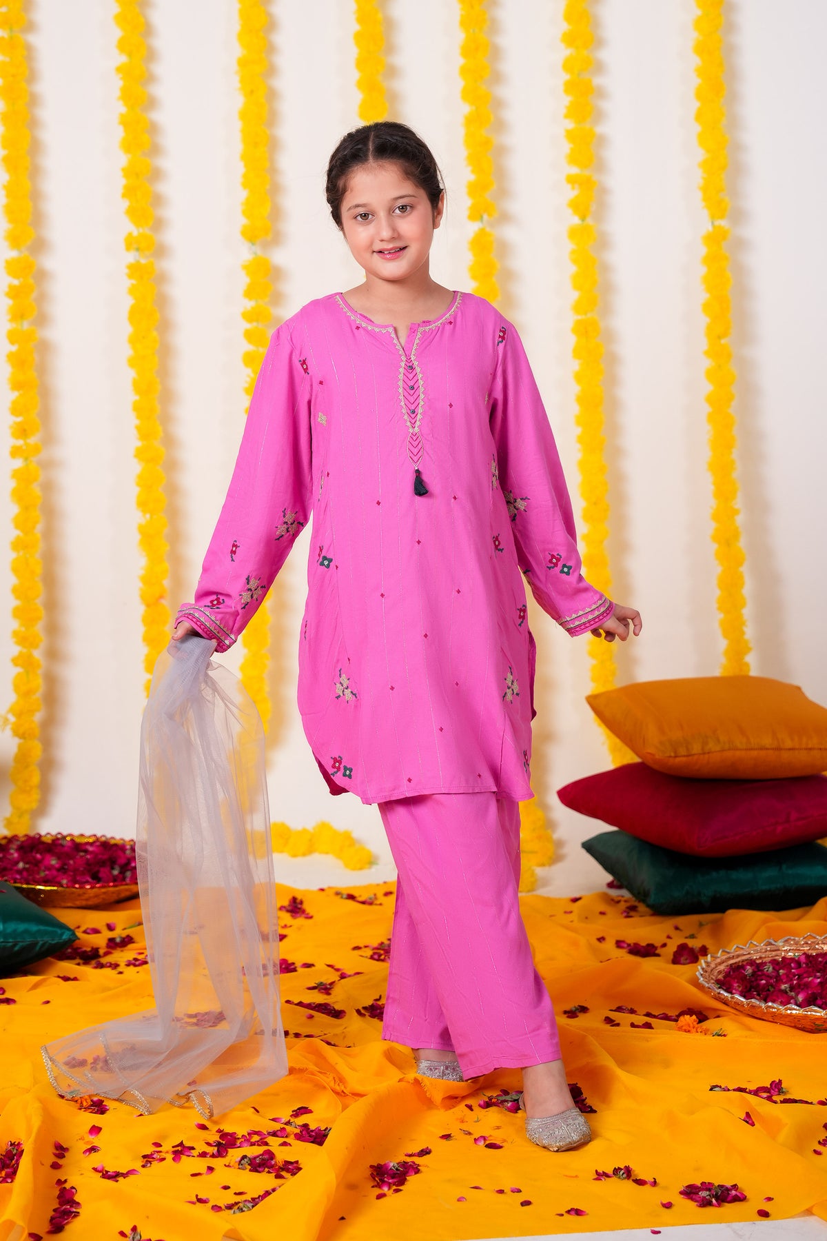 Girls Embroidered Cambric Cotton Suit | 3-Piece Eastern Wear with Dupatta | Winter Collection