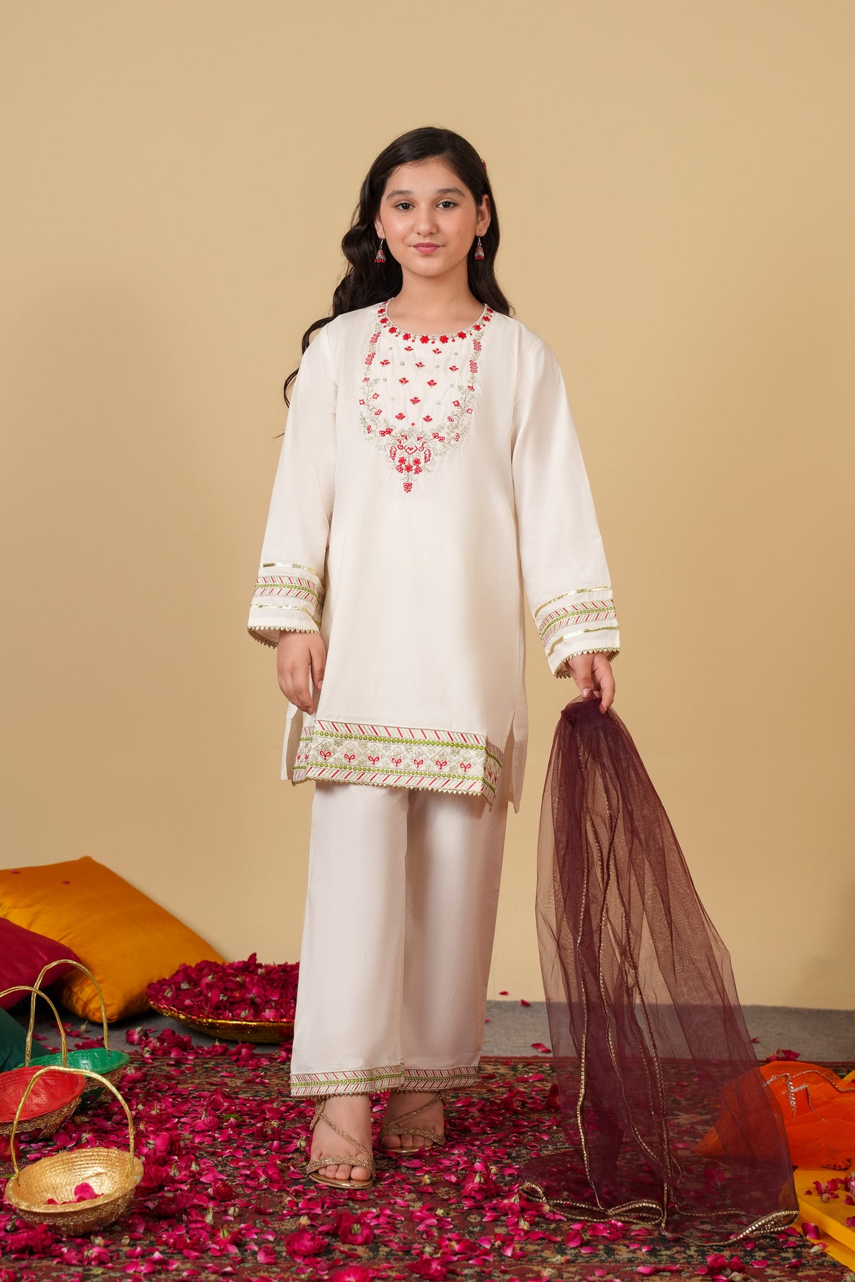 Girls Embroidered Cotton Suit with Net Dupatta – 3 Piece Set