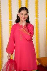 Shocking Pink Cotton 3 Pcs Suit Multihead Embroidery with Net Dopata