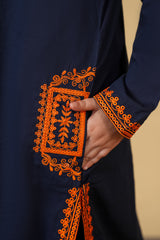 Chambaili 3-Piece Suit – Navy Blue with Orange Embroidery | 100% Cotton