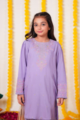 Girls Lavender Cambric Cotton Winter Suit with Gold Tilla Embroidery & Tulip Trouser