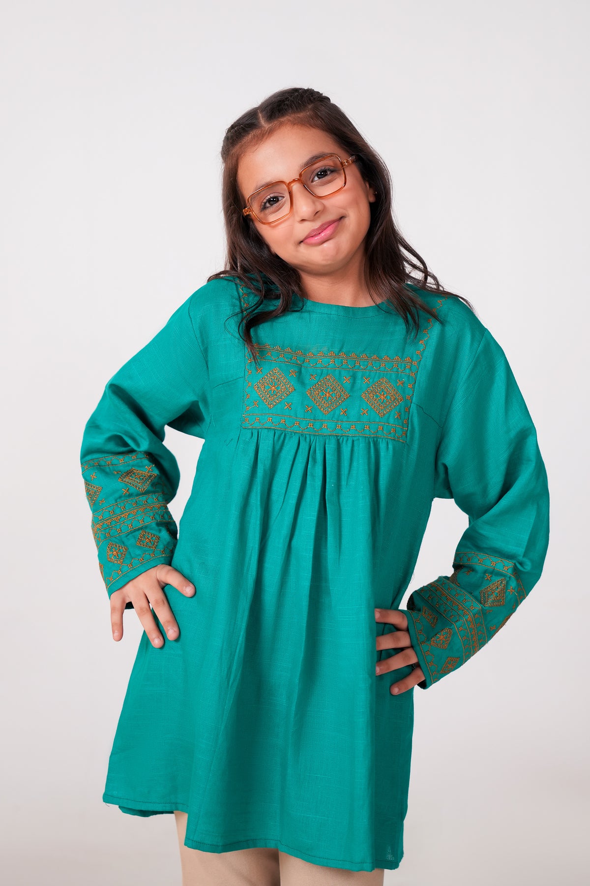 Teal Green Khaddar Embroidered Top | Girls Winter Ethnic Wear