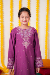 Girls Purple Cambric Cotton Winter Suit with Gold Tilla Embroidery & Tulip Trouser