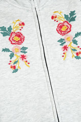 Light Grey Embroidered Zip-Up Sweatshirt | Girls Winter Fleece Jacket