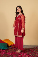 Ruby Radiance Organza Suit – Luxury Festive & Wedding Wear for Girls