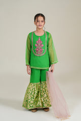 PARROT GREEN KURTA GARARA SUIT SET WITH TILLA WORK