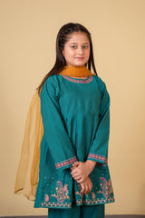 Girls Teal Blue peplum with culottes Embroidered 3-Piece Suit – 100% Cotton Winter Wear