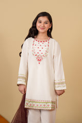 Girls Embroidered Cotton Suit with Net Dupatta – 3 Piece Set