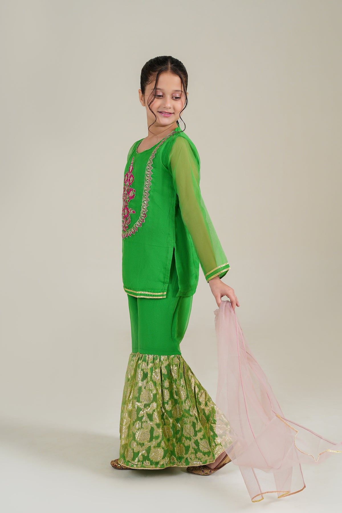 PARROT GREEN KURTA GARARA SUIT SET WITH TILLA WORK