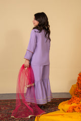 Lavender Gharara Suit with Short Shirt & Net Dupatta | Festive Kidswear