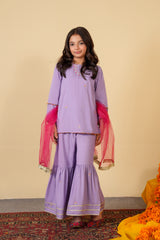 Lavender Gharara Suit with Short Shirt & Net Dupatta | Festive Kidswear