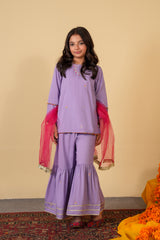 Lavender Gharara Suit with Short Shirt & Net Dupatta | Festive Kidswear