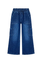 Kids Wide-Leg Denim Cargo Pants (Dark Blue)
