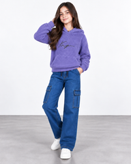 Girls Dark Blue Denim Cargo Pants with Drawstring Waist | Kids Denim