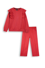 Cherry Red Quilted Ruffle Suit for Girls | Winter 2-Piece Set