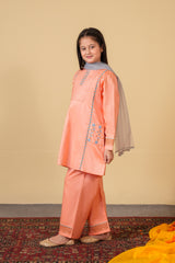 Peach Embroidered 3-Piece Cotton Suit for Girls | With Pockets & Dupatta
