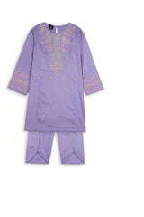 Girls Lavender Cambric Cotton Winter Suit with Gold Tilla Embroidery & Tulip Trouser