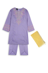 Girls Lavender Cambric Cotton Winter Suit with Gold Tilla Embroidery & Tulip Trouser