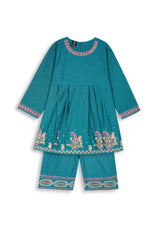 Girls Teal Blue peplum with culottes Embroidered 3-Piece Suit – 100% Cotton Winter Wear