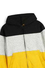 Kids Black-Grey-Yellow Color-Block Zip-Up Hoodie – 100% Cotton Fleece