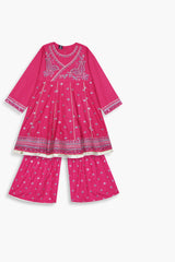 Girls Pink Cotton Embroidered Ethnic Suit with Net Dupatta – Festive & Party Wear