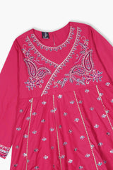 Girls Pink Cotton Embroidered Ethnic Suit with Net Dupatta – Festive & Party Wear