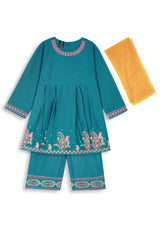 Girls Teal Blue peplum with culottes Embroidered 3-Piece Suit – 100% Cotton Winter Wear