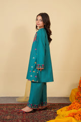 Teal Cotton Embroidered 3-Piece Suit | Festive & Wedding Kidswear