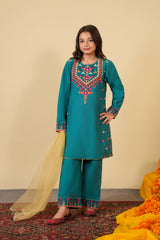 Teal Cotton Embroidered 3-Piece Suit | Festive & Wedding Kidswear
