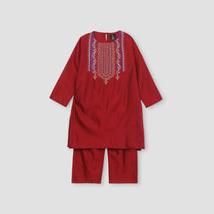 STITCHED 2 PIECE EMBROIDERED RED KHADDAR SHIRT TROUSER