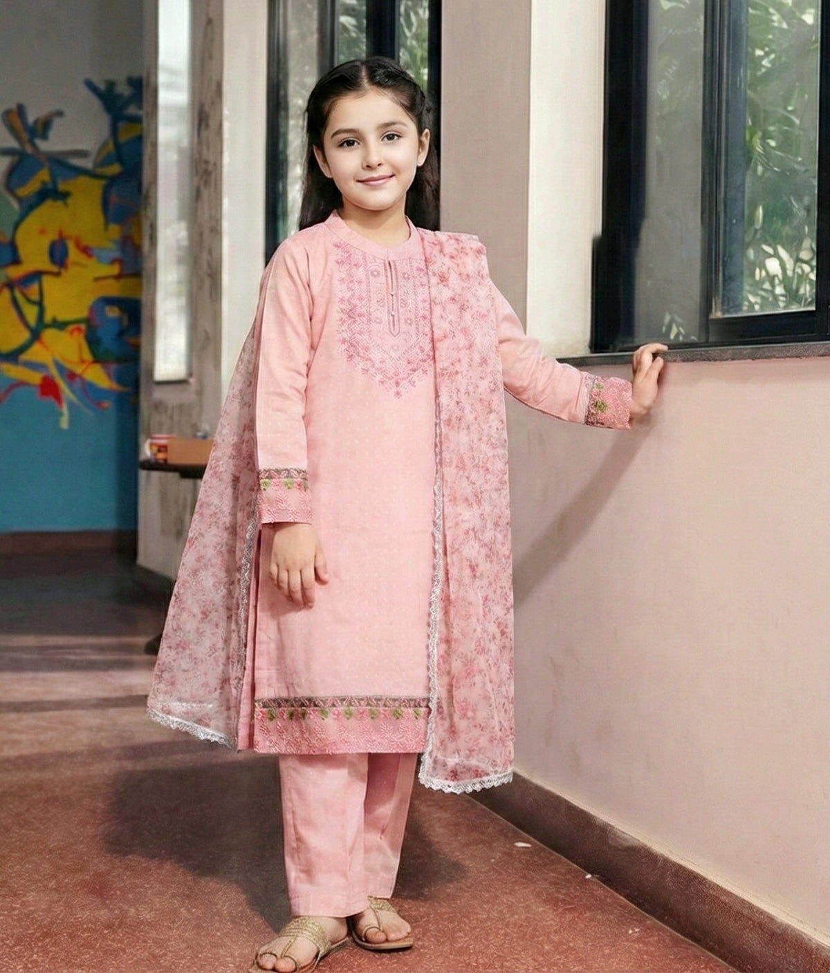 Girls Pastel Pink Cotton Embroidered Ethnic Suit with Net Dupatta – Festive & Party Wear